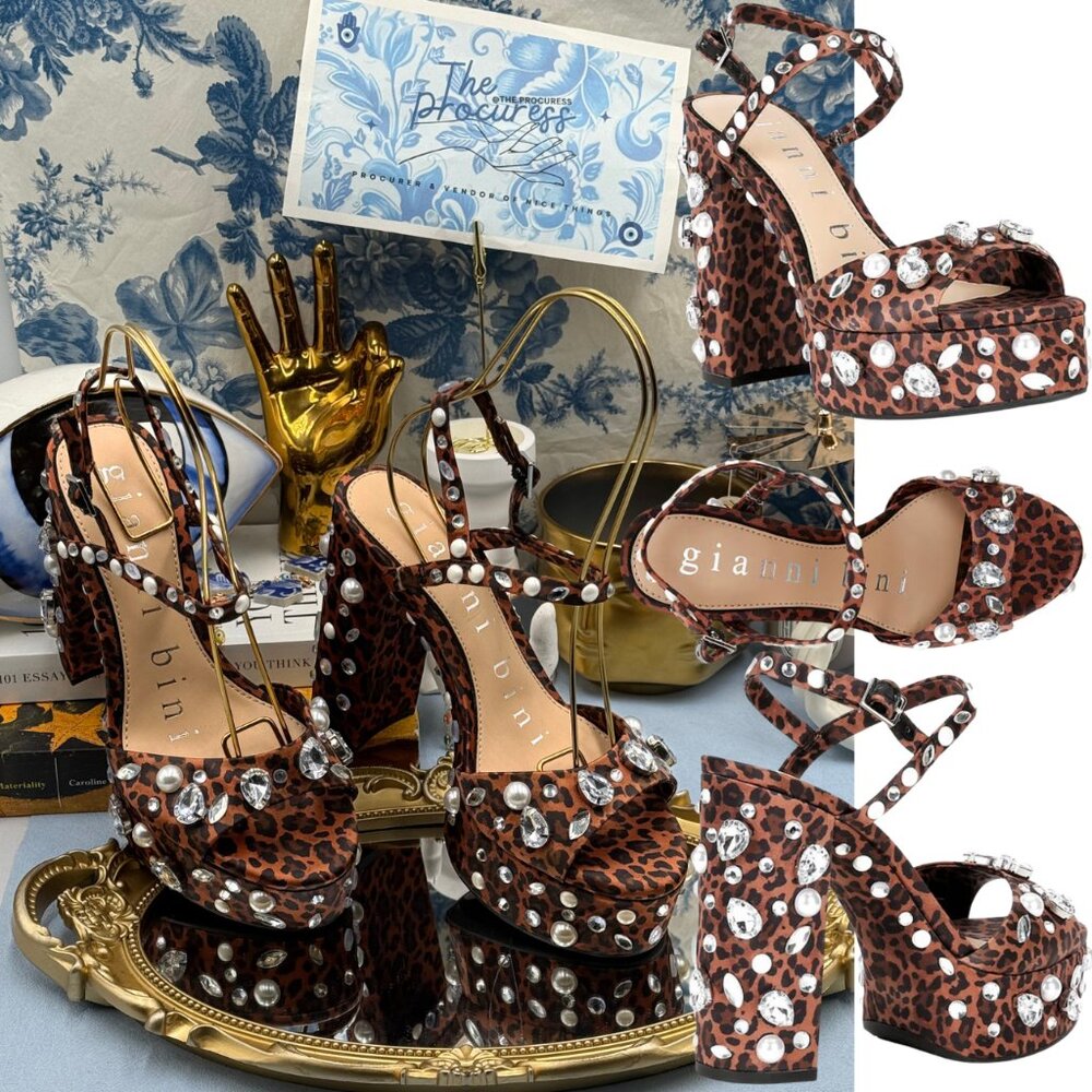🆕 GIANNI BINI 🧿 NWOB Calvan Leopard Jewel Ornamented Platform Sandal, Sz 7 US